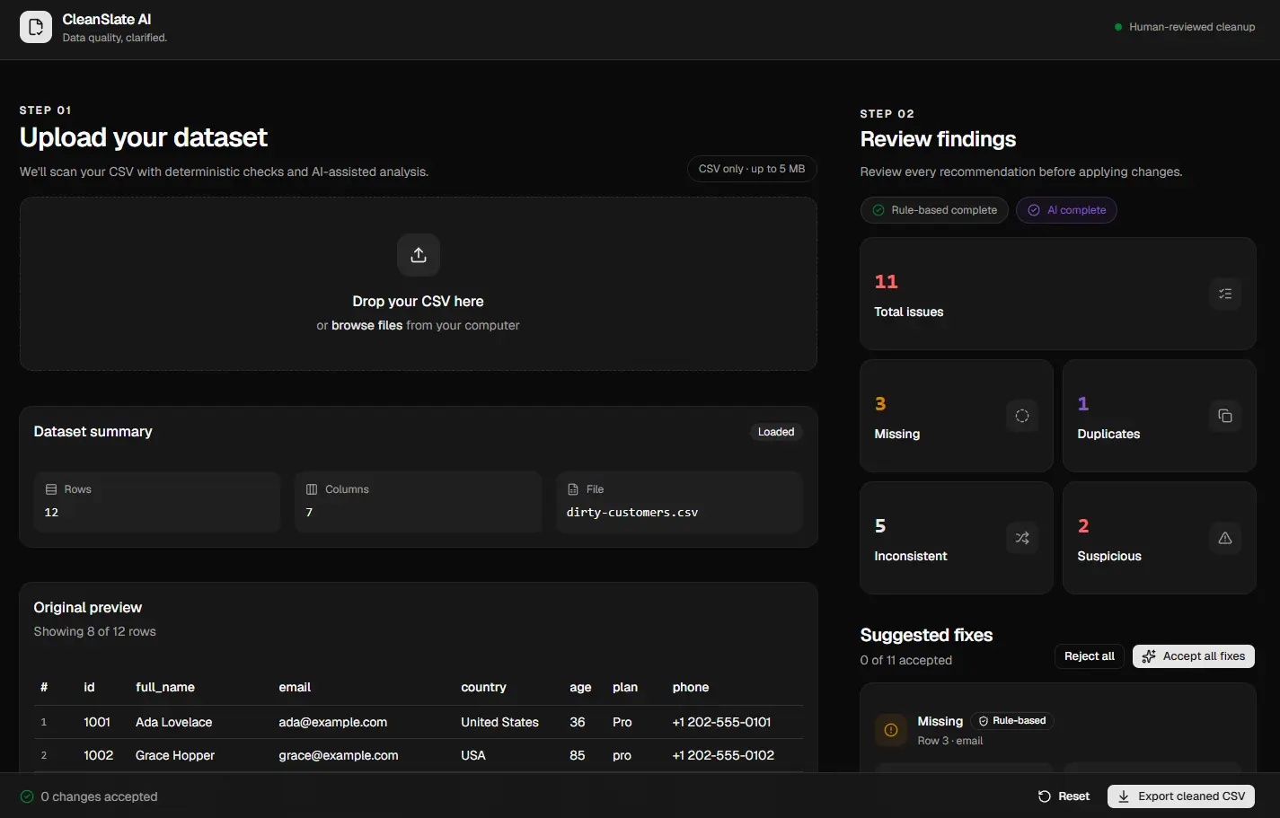CleanSlate AI CSV analysis and review interface