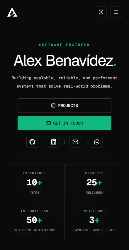 Alex Benavídez developer portfolio mobile interface